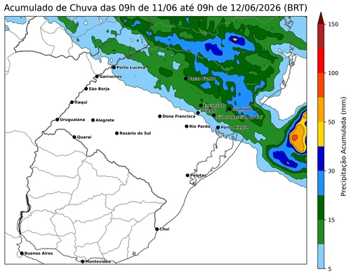 Mapa de precipitação acumulada prevista para as próximas 120 horas em Itaqui/RS.