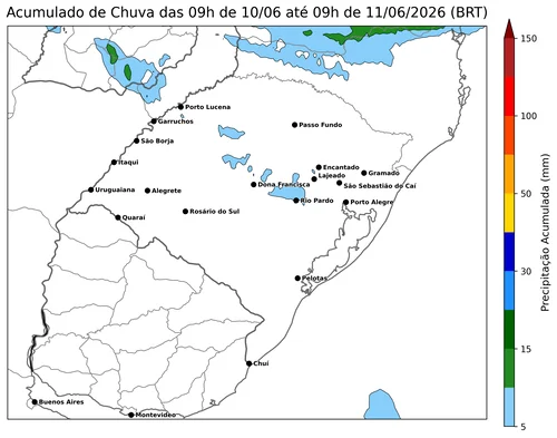 Mapa de precipitação acumulada prevista para as próximas 96 horas em Itaqui/RS.